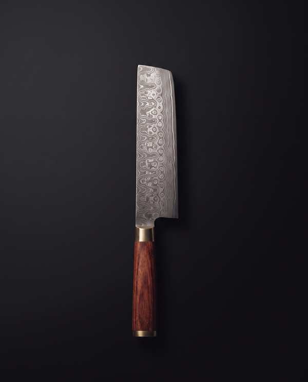 Nakiri 165 en damas forgé, lame droite et haute, manche en bois brun-rouge