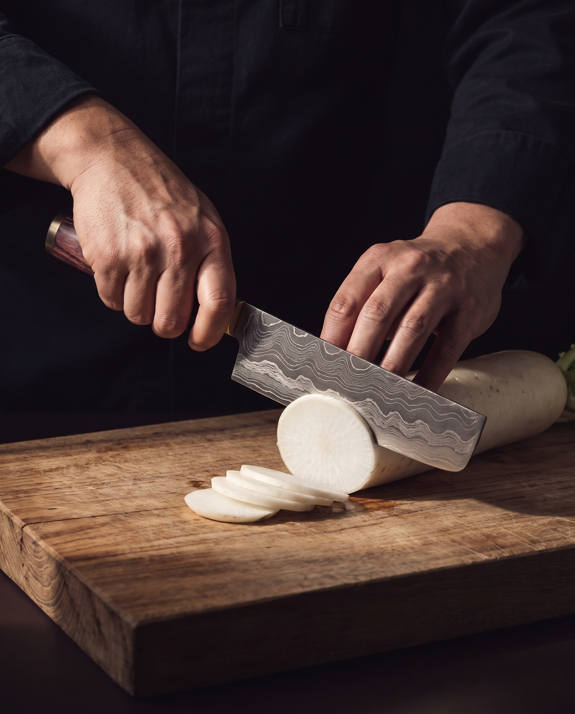 Le Nakiri 165 en usage, éminçage d'un radis daikon en rondelles