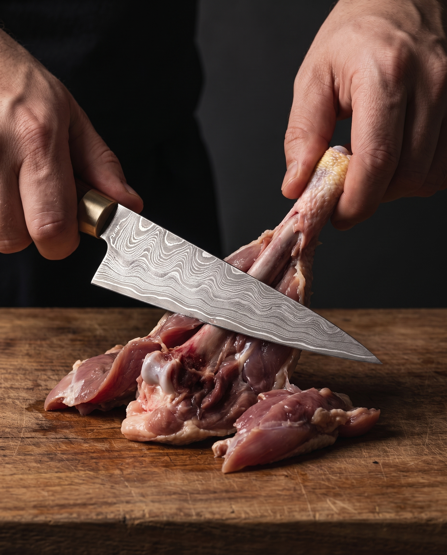 Désossage d'une cuisse de volaille au Honesuki 150, la lame longe le fémur et détache la chair