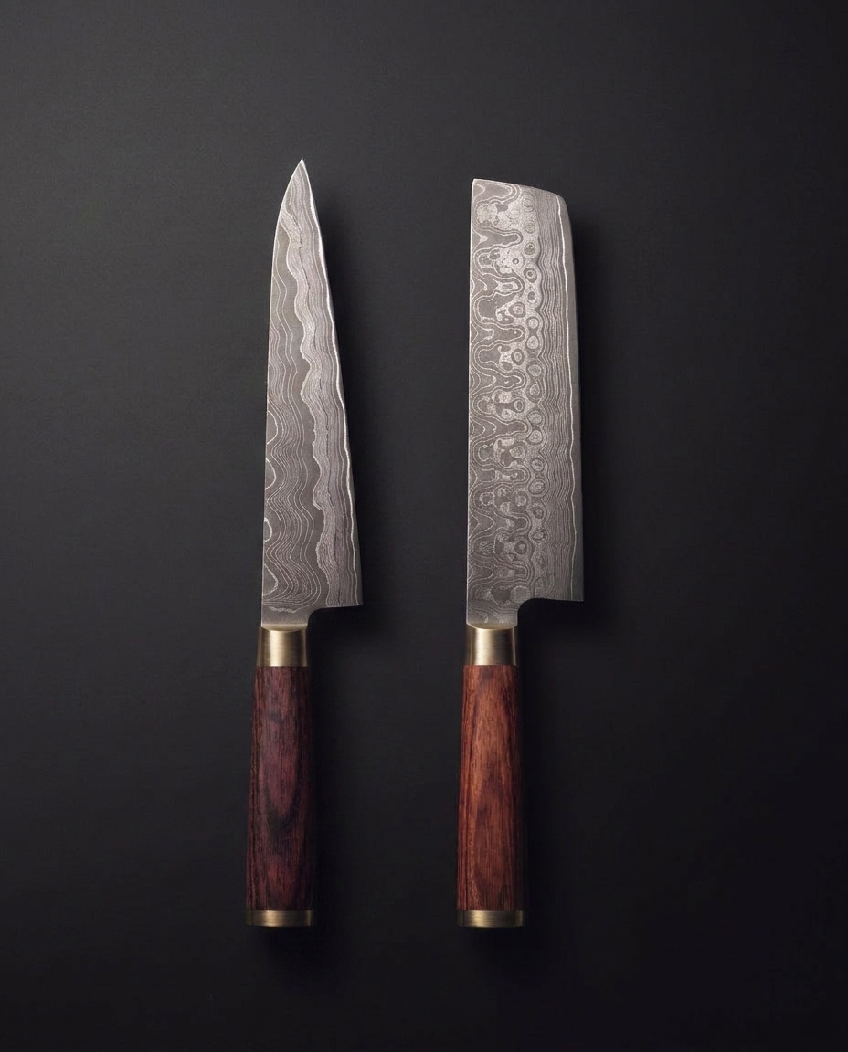 Coffret duo : le Gyuto 200 et le Nakiri 165 en damas forgé, manches en bois stabilisé et mitres laiton