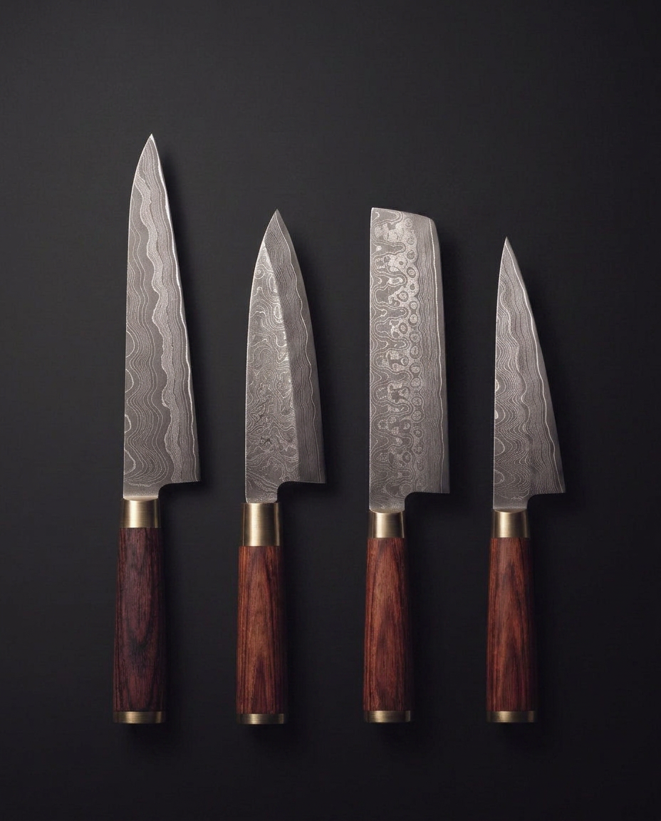 Coffret collection : le Gyuto 200, le Deba 165, le Nakiri 165 et le Honesuki 150 alignés, tous en damas forgé 67 couches