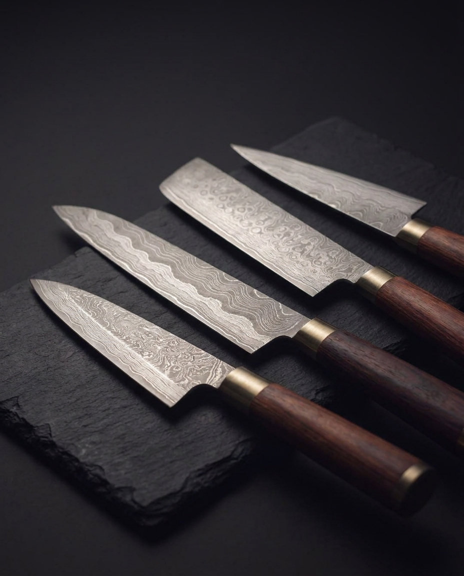 Les quatre lames de la collection posées sur ardoise, mitres laiton et manches en bois stabilisé au premier plan