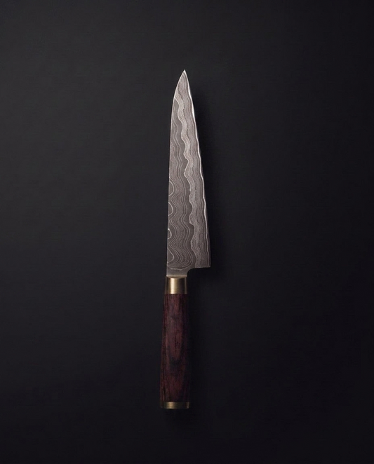 Gyuto 200 en damas forgé 67 couches, manche en bois stabilisé et mitre laiton