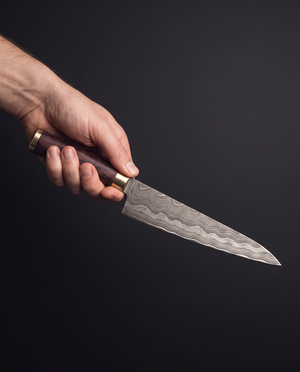 Le Gyuto 200 tenu en main, sa lame de 200 mm donne l'échelle