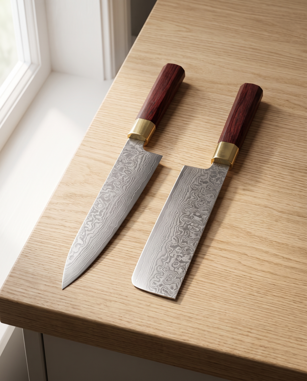 Le Gyuto 200 et le Nakiri 165 posés sur un plan de travail en chêne