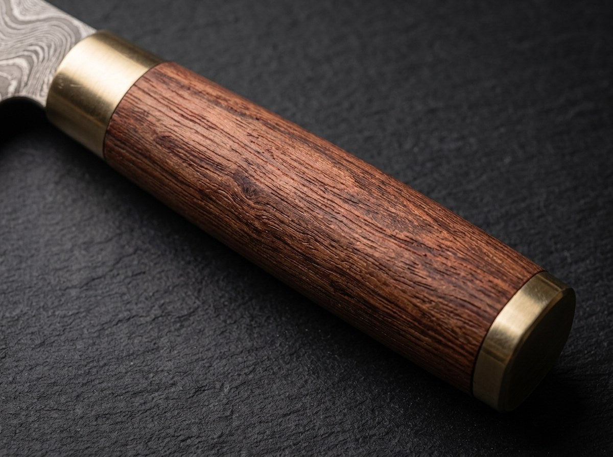 Le manche entier : bague de laiton, bois stabilise brun rouge et culot de laiton